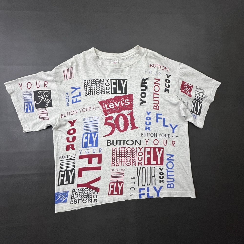 Vintage Levis 501 T Shirt Mens XL Gray All Over Print Made in USA Boxy Crop 90s